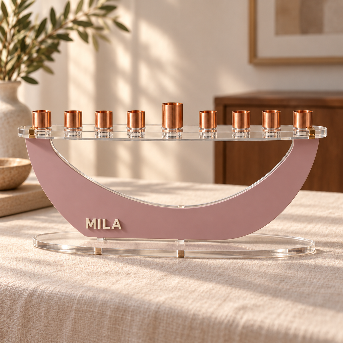 MILA personalized Crescent menorah in Mauve Berry with Eggshell lettering, clear oval base and copper candle cups