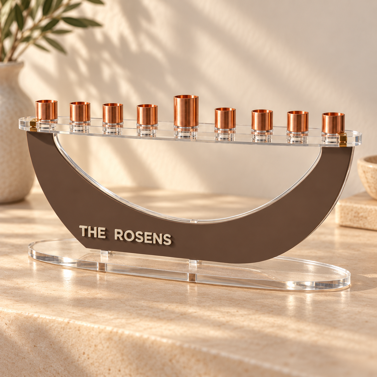 THE ROSENS personalized Crescent menorah in Milk Chocolate with Linen lettering, clear oval base and copper candle cups
