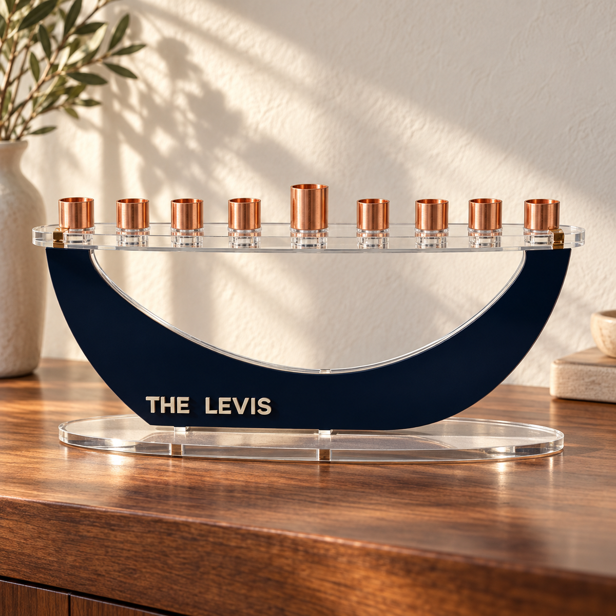 THE LEVIS personalized Crescent menorah in Navy with Linen lettering, clear oval base and copper candle cups