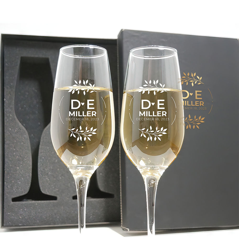 Ensemble de flûtes à champagne personnalisées - « Cercle de feuilles »
