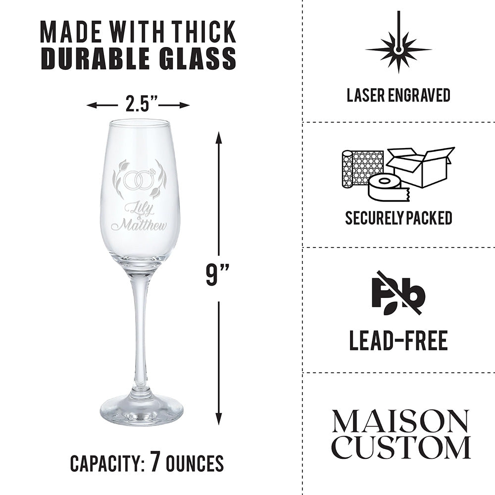 Personalized Champagne Flute Glass Set - "Engagement Rings"