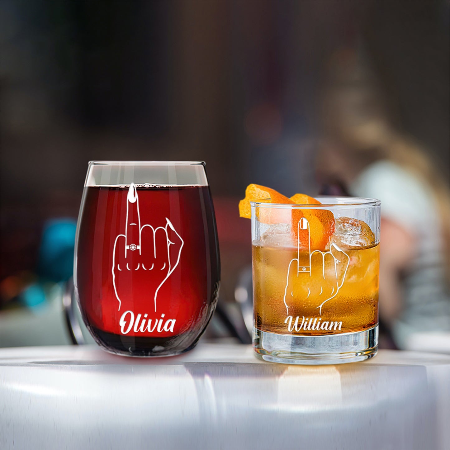 Personalized Whiskey and Wine Glass Set - "The Ringfinger"