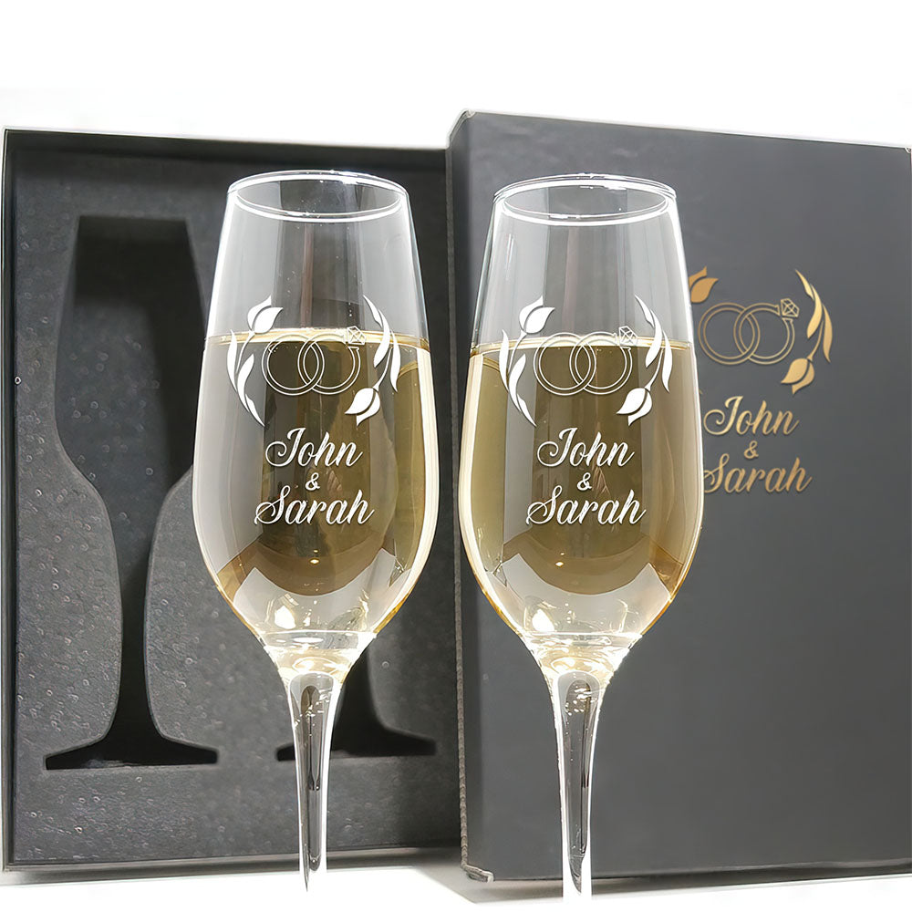 Personalized Champagne Flute Glass Set - "Engagement Rings"