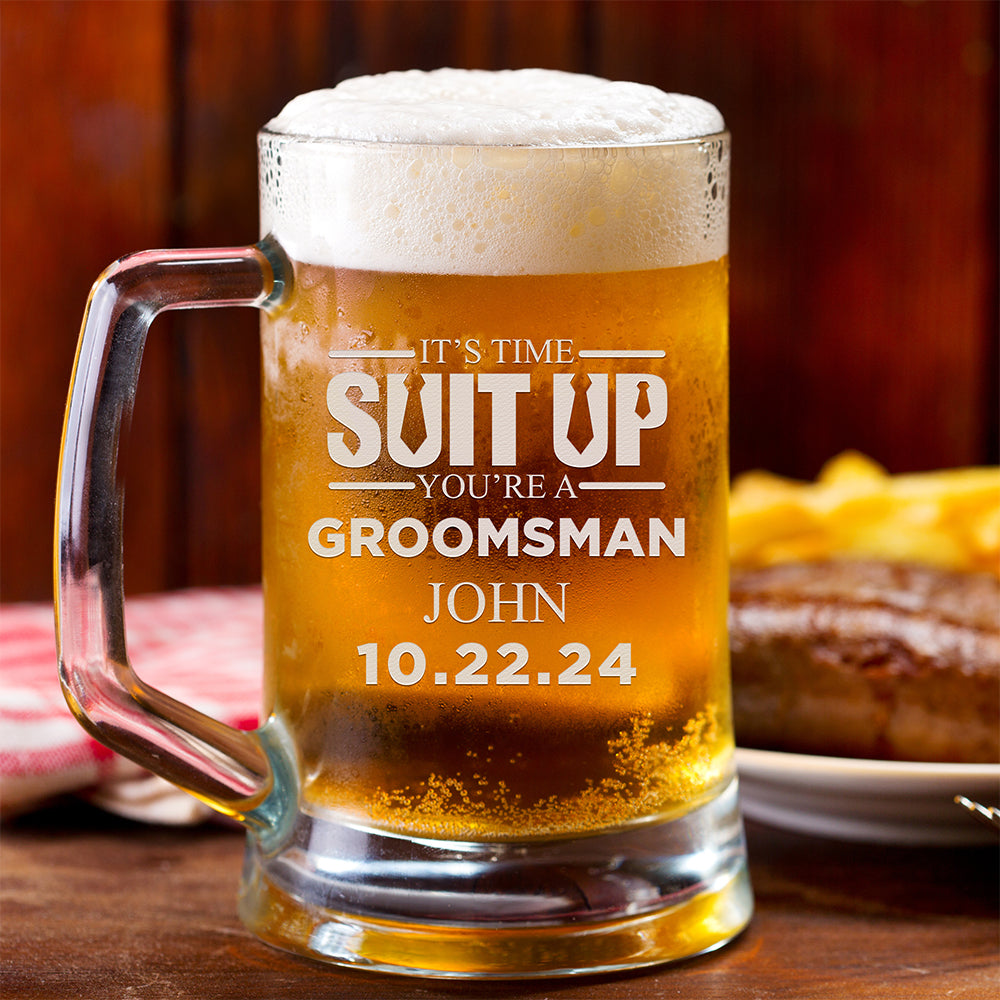 Personalized Beer Mug - "Suit Up Groomsman"