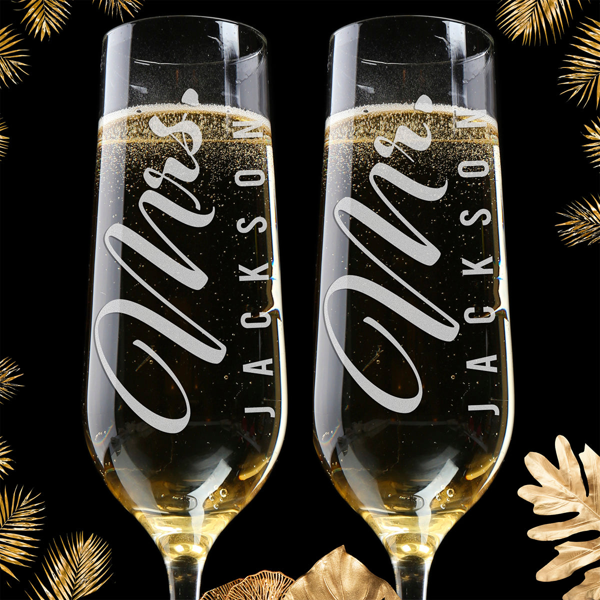 Personalized Champagne Flute Glass Set - "Mr & Mrs Vertical"