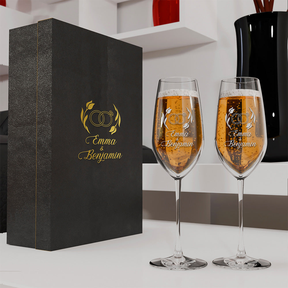 Personalized Champagne Flute Glass Set - "Engagement Rings"