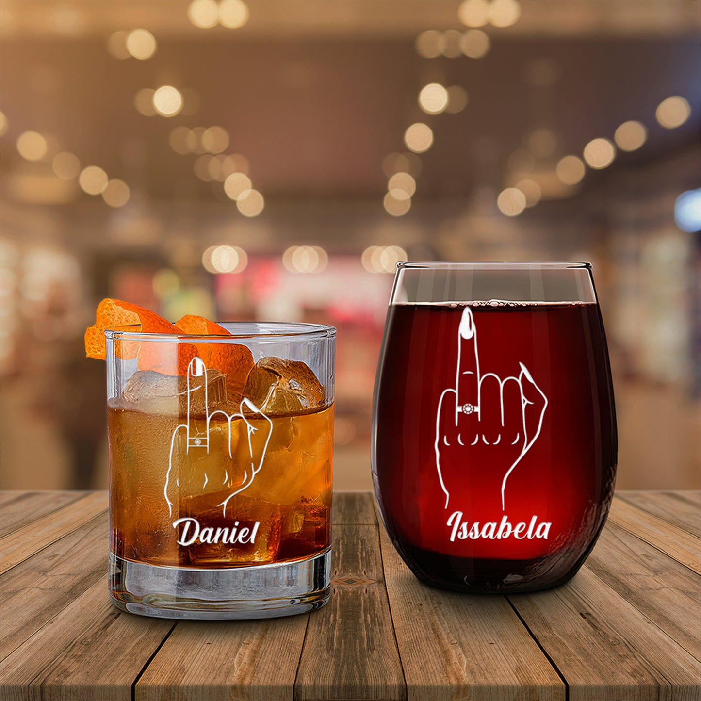 Personalized Whiskey and Wine Glass Set - "The Ringfinger"