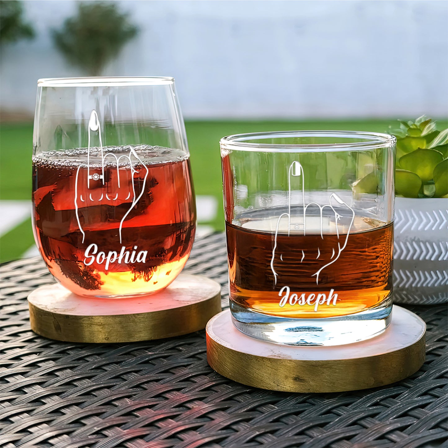 Personalized Whiskey and Wine Glass Set - "The Ringfinger"