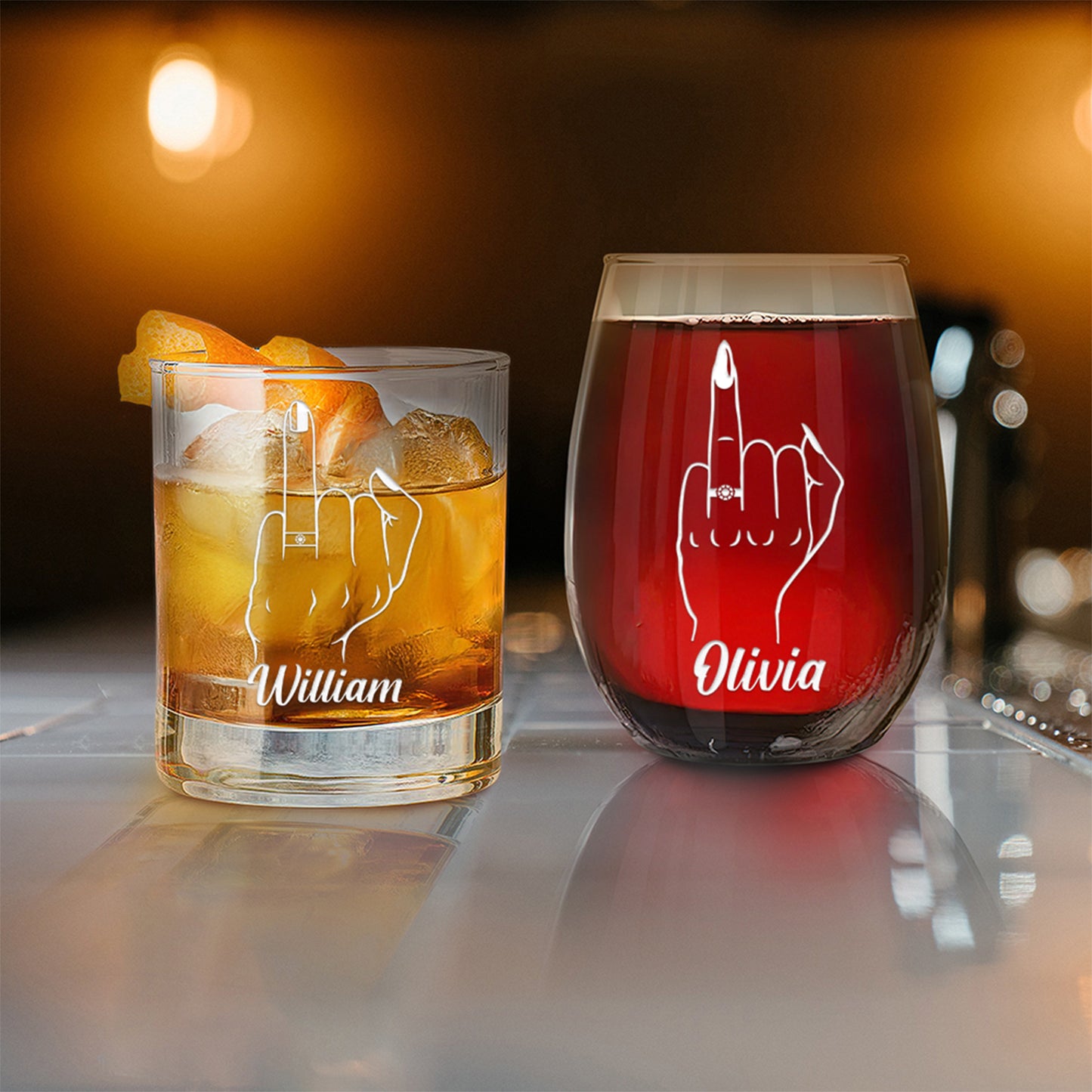 Personalized Whiskey and Wine Glass Set - "The Ringfinger"