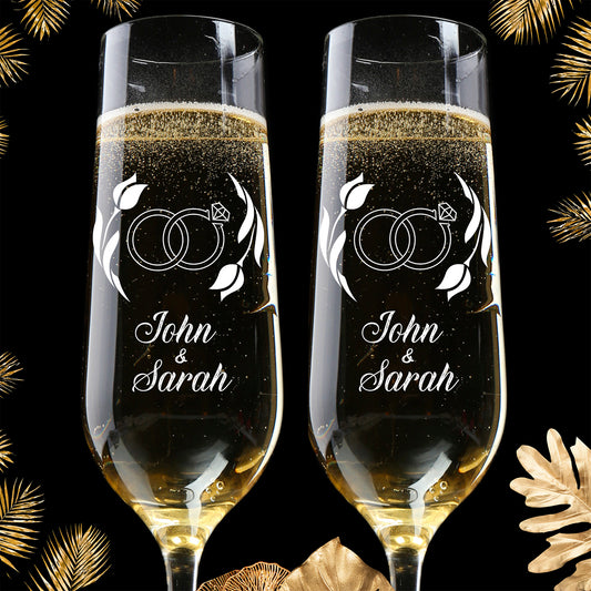 Personalized Champagne Flute Glass Set - "Engagement Rings"