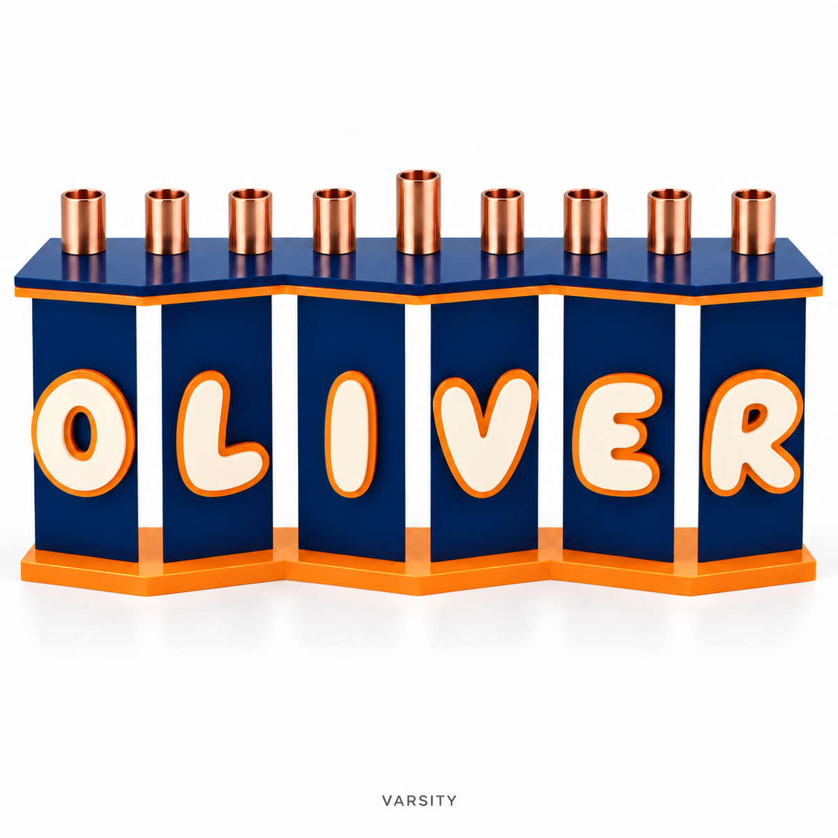 Front view of The Fold custom menorah in Varsity with OLIVER, navy angled panels, cream acrylic letters and orange base.