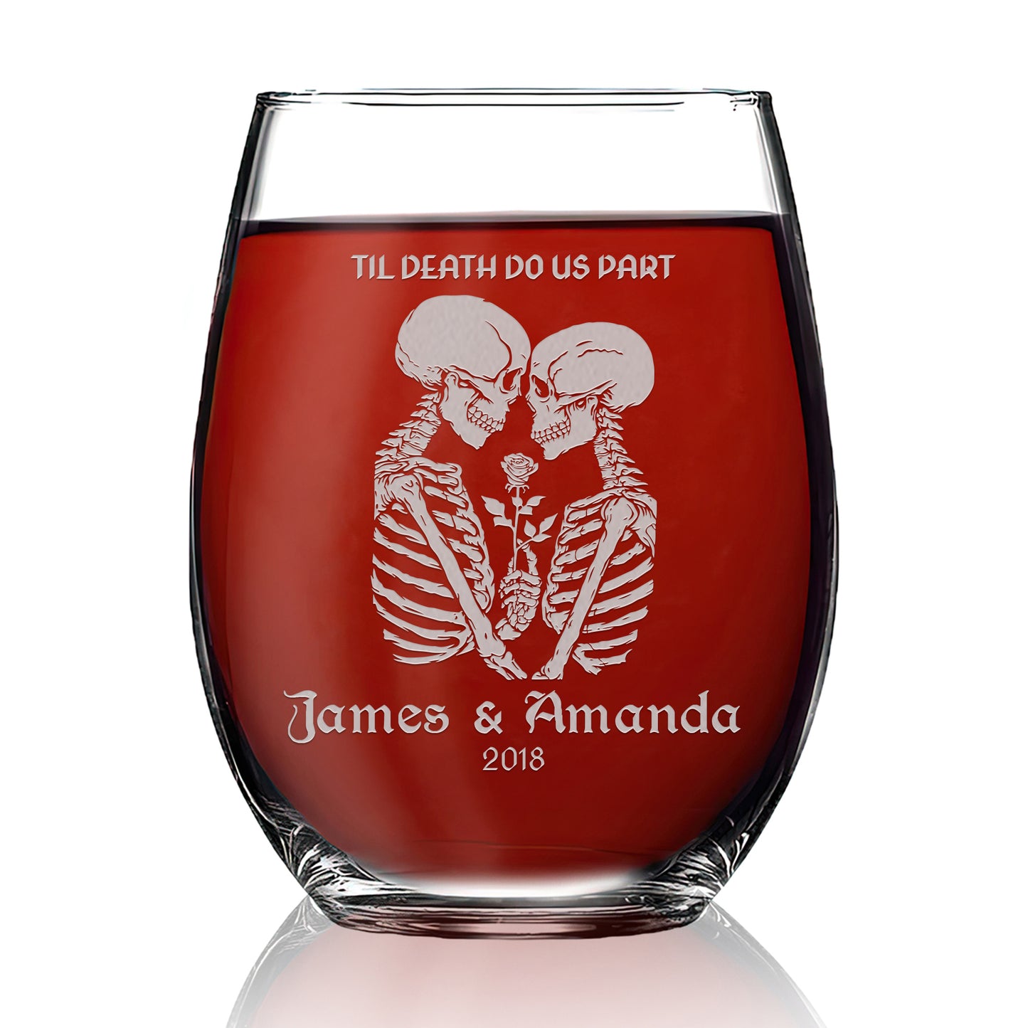 Personalized Stemless Wine Glass - Goth Skeletons "Til Death Do Us Part"