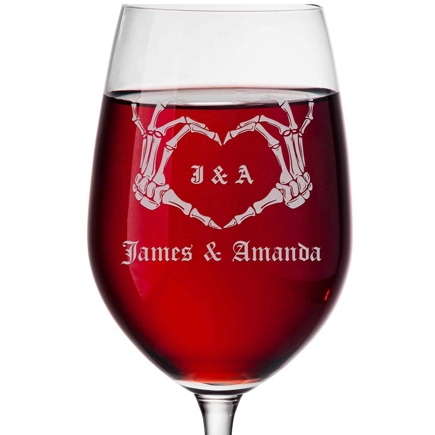 Personalized Wine Glass - Goth Skeleton Initials Hands