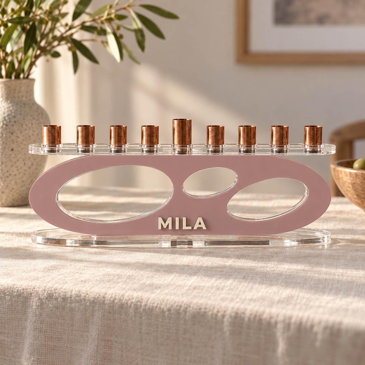 MILA personalized Forma menorah in Mauve Berry with Eggshell lettering, clear oval base and copper candle cups