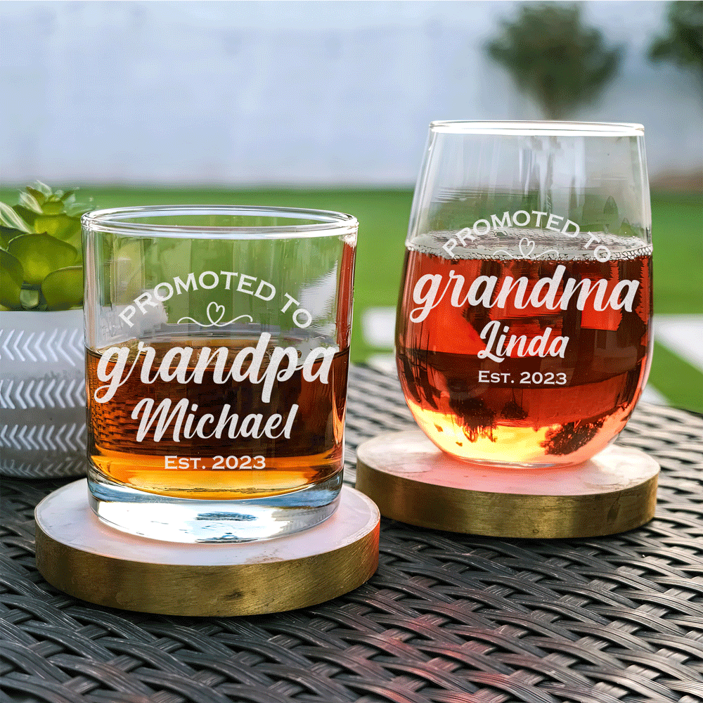 Personalized Whiskey and Wine Glass Set - Promoted to Grandparents