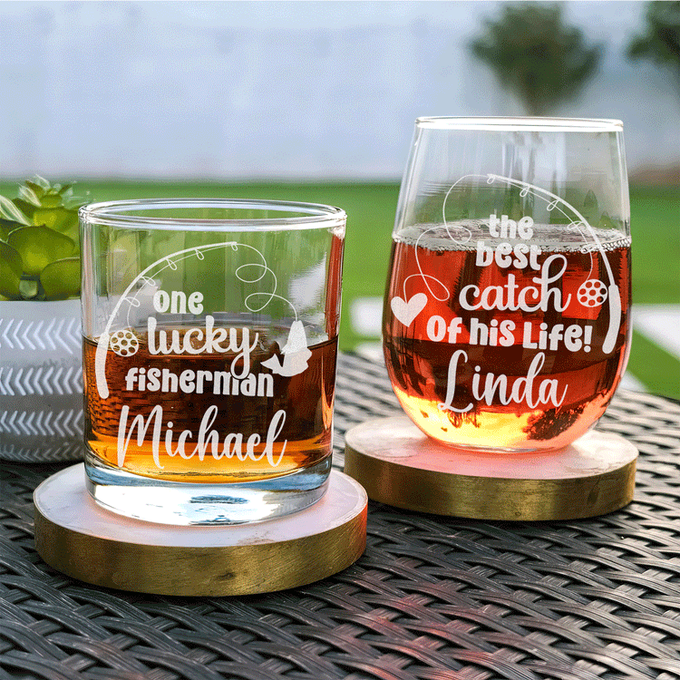 Personalized Whiskey and Wine Glass Set - Lucky Fisherman and his Best Catch