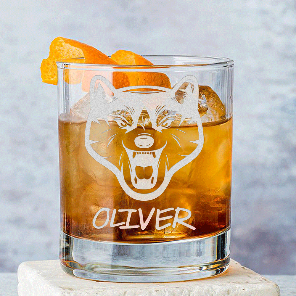 Personalized Whiskey Glass - "Wolf Head"