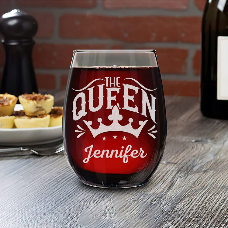 Personalized Stemless Wine Glass - "The Queen"
