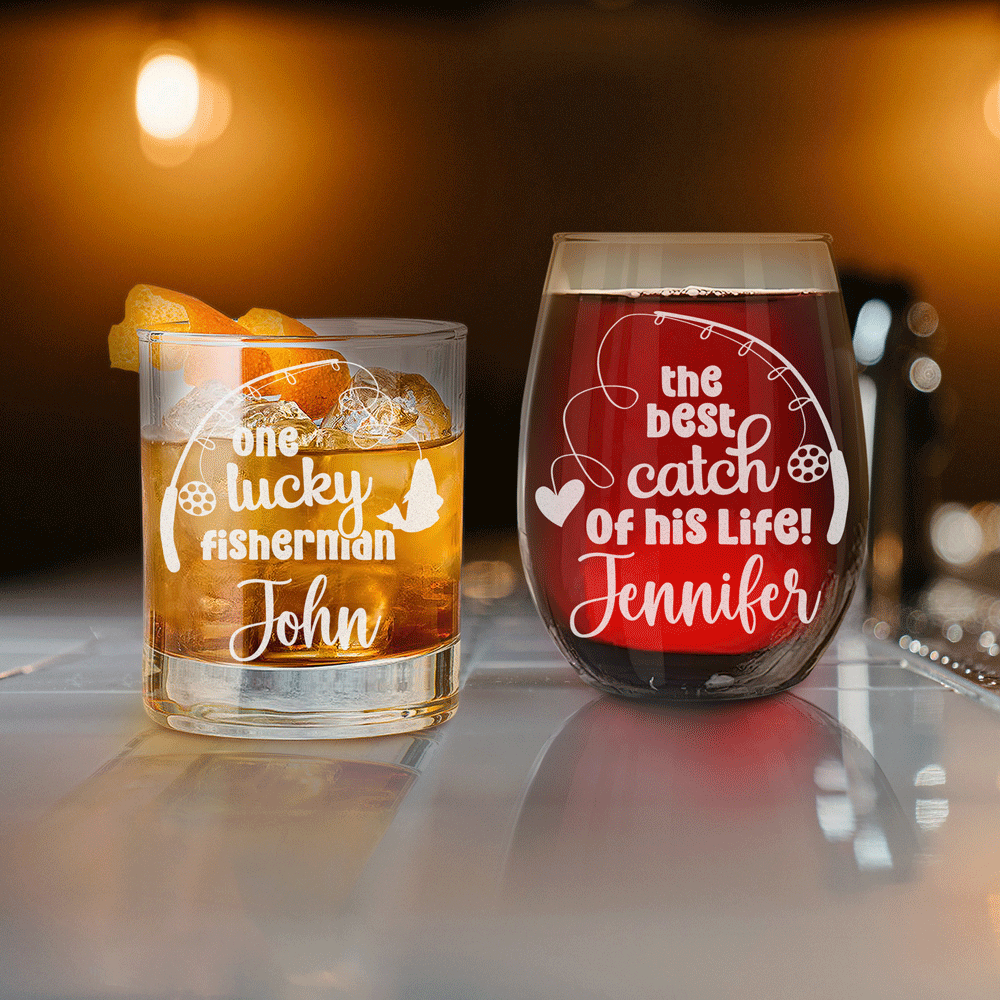 Personalized Whiskey and Wine Glass Set - Lucky Fisherman and his Best Catch