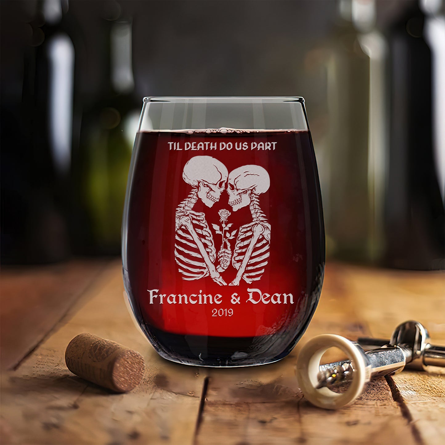 Personalized Stemless Wine Glass - Goth Skeletons "Til Death Do Us Part"