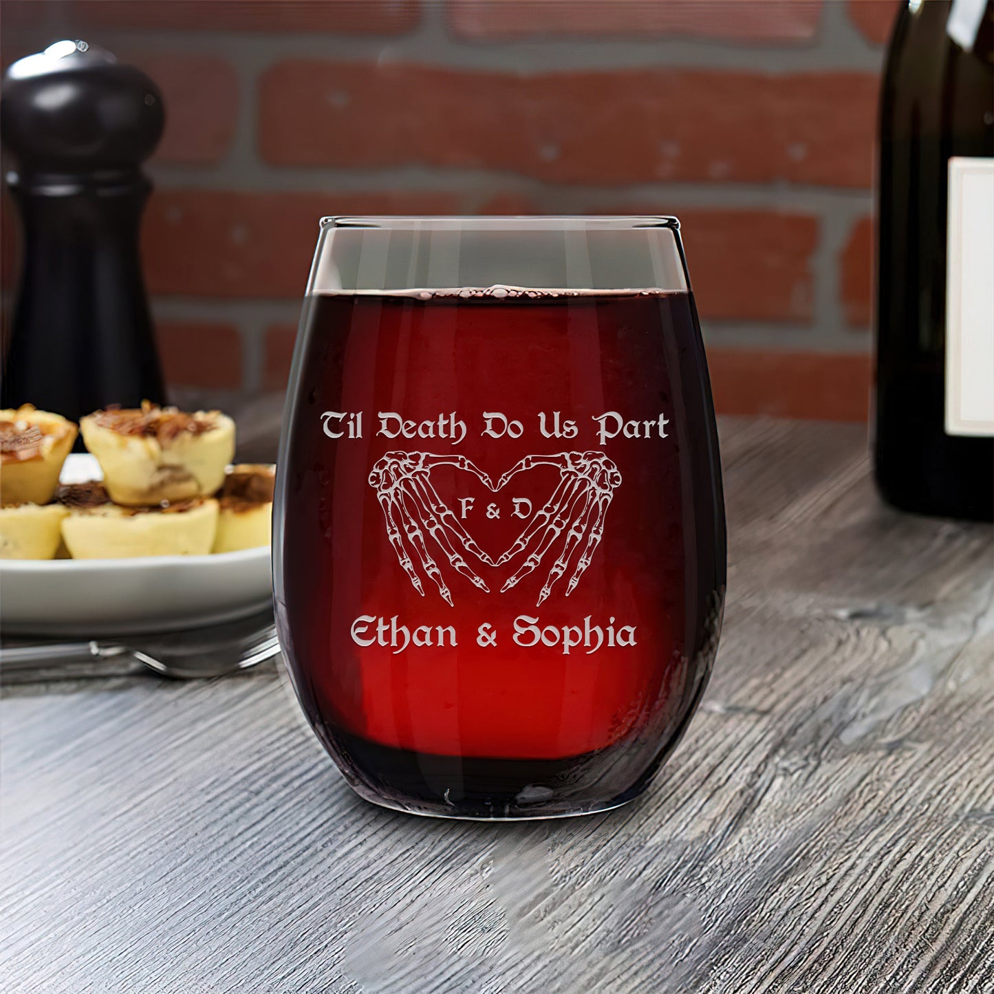 Personalized Stemless Wine Glass - Goth Skeleton Hands Til Death Do Us Part