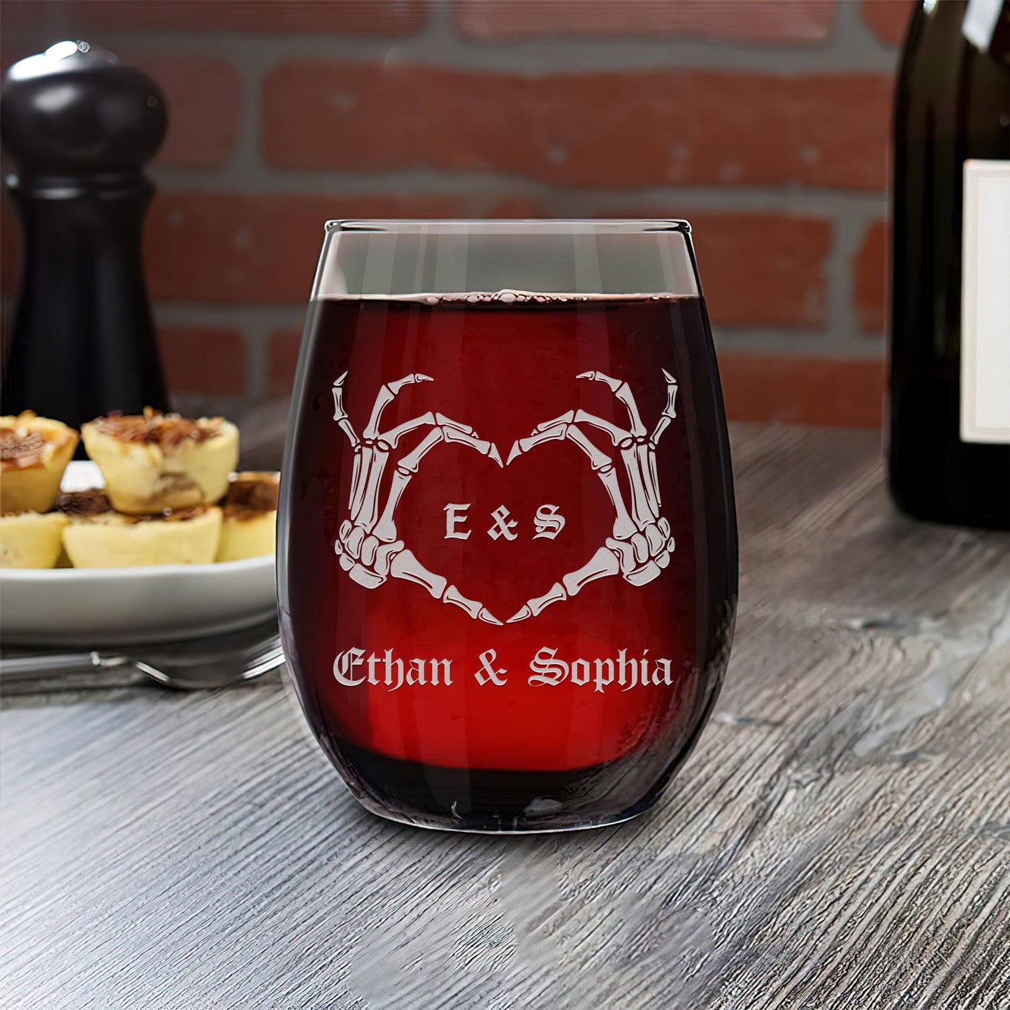 Personalized Stemless Wine Glass Set - "Skeleton Hands"