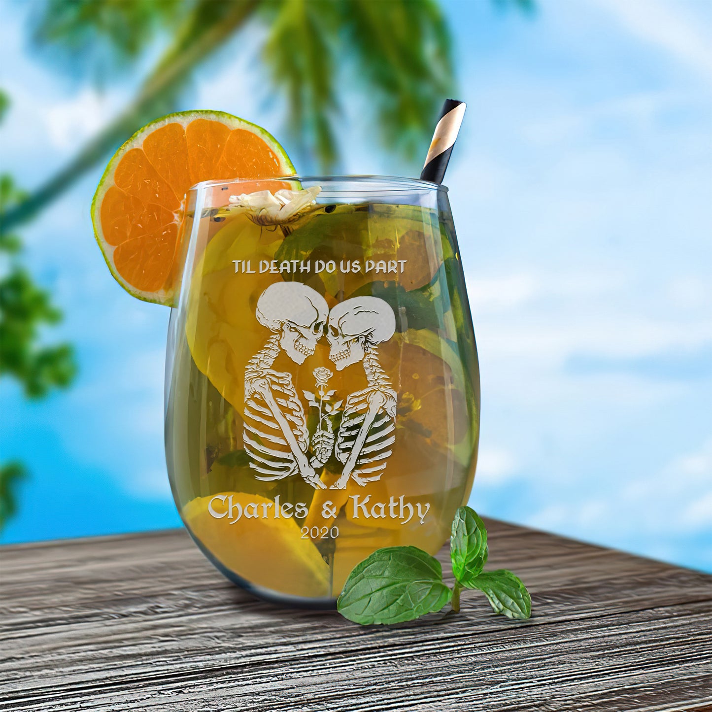 Personalized Stemless Wine Glass - Goth Skeletons "Til Death Do Us Part"