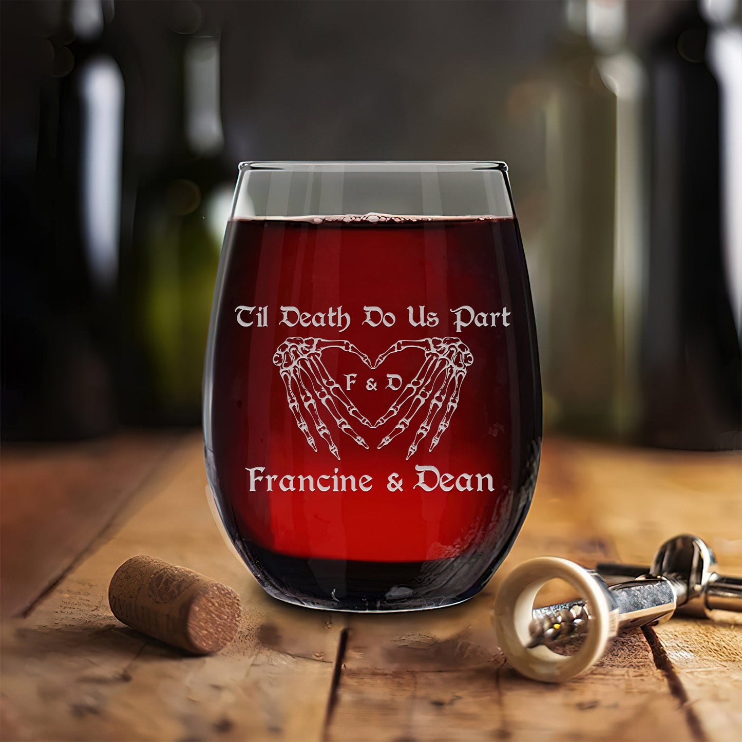 Personalized Stemless Wine Glass - Goth Skeleton Hands Til Death Do Us Part