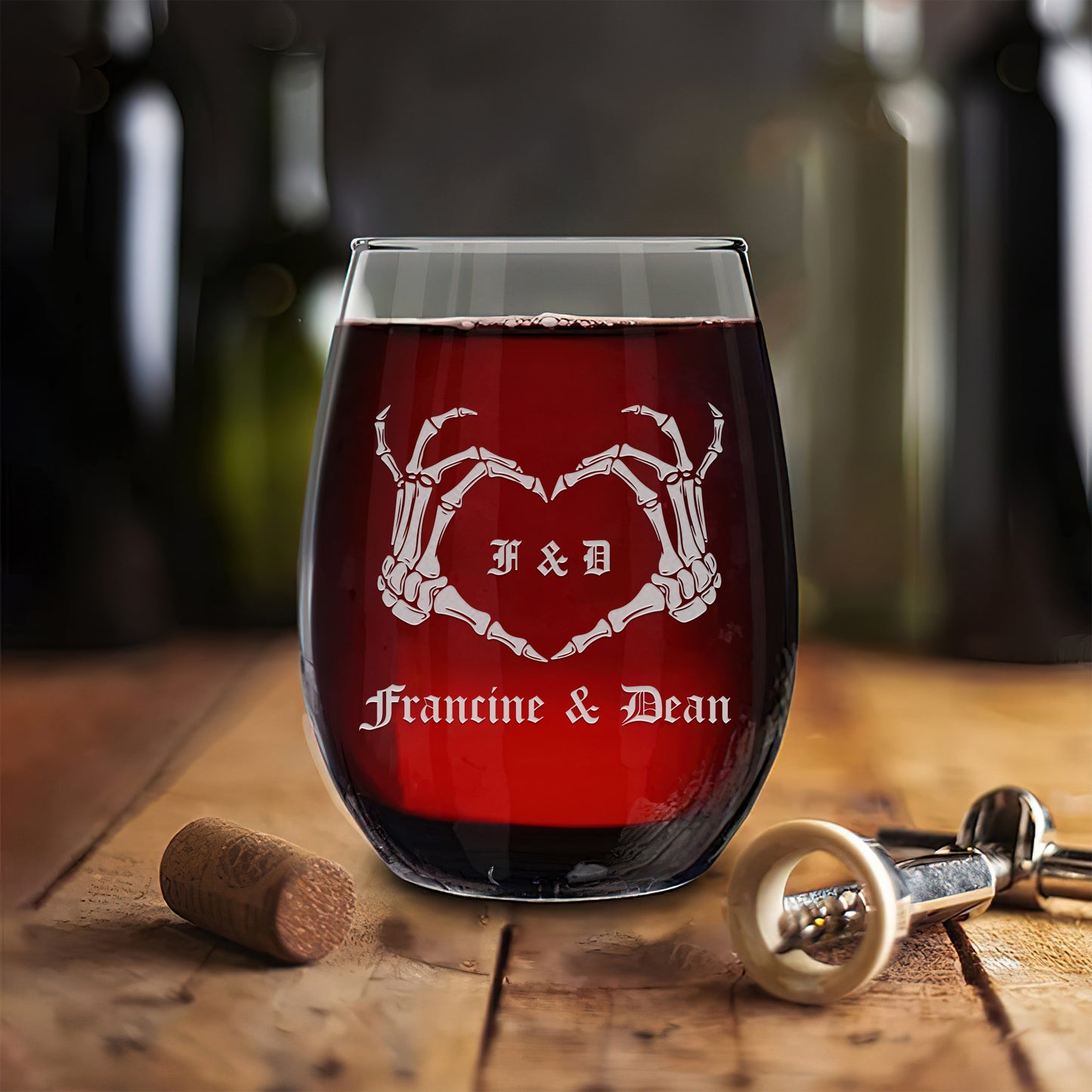 Personalized Stemless Wine Glass Set - "Skeleton Hands"