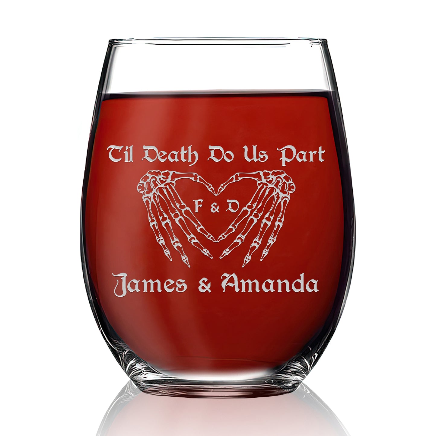 Personalized Stemless Wine Glass - Goth Skeleton Hands Til Death Do Us Part