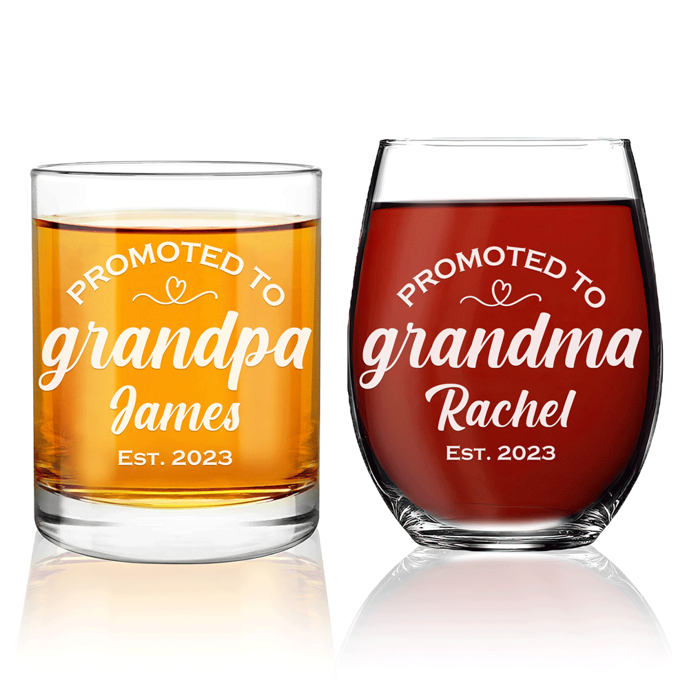 Coffret personnalisé de verres à whisky et à vin - « Promu aux grands-parents »