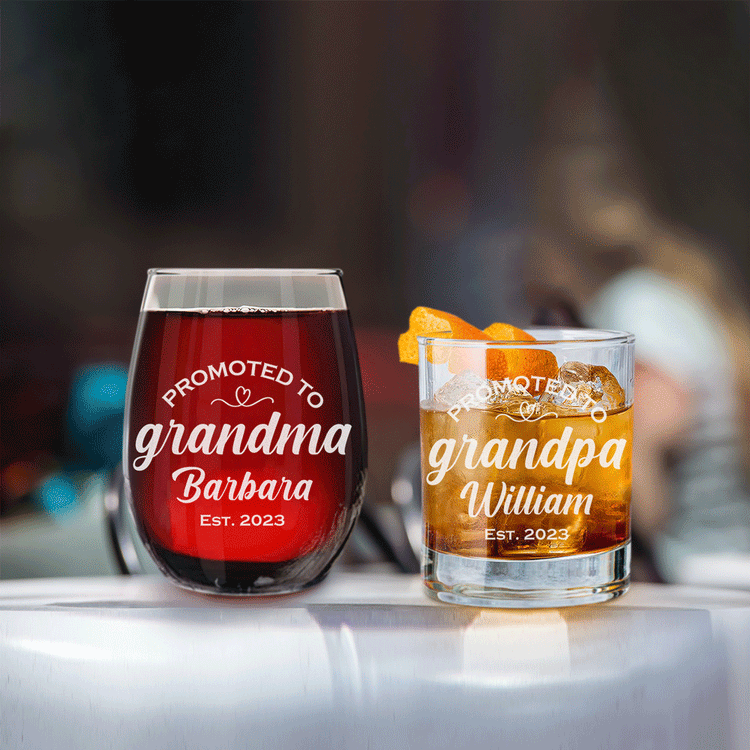 Personalized Whiskey and Wine Glass Set - Promoted to Grandparents