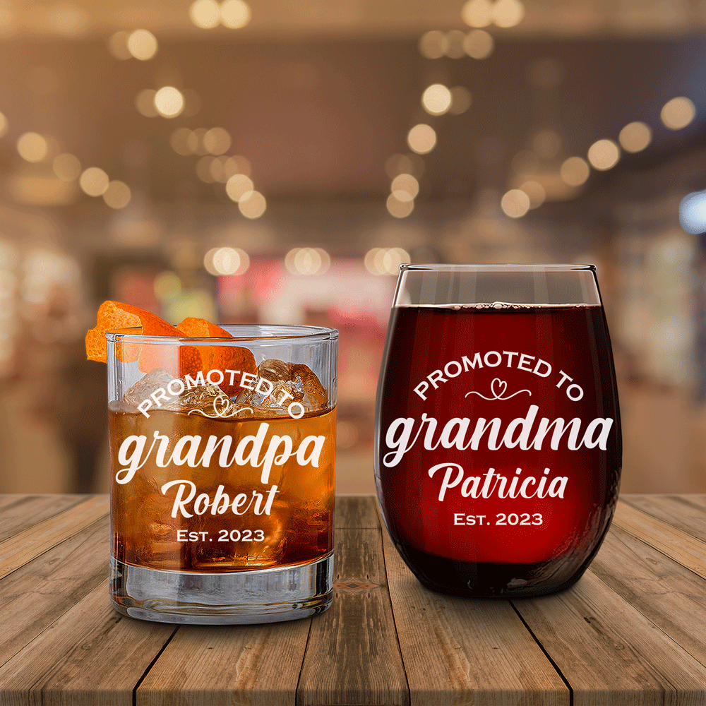 Personalized Whiskey and Wine Glass Set - Promoted to Grandparents