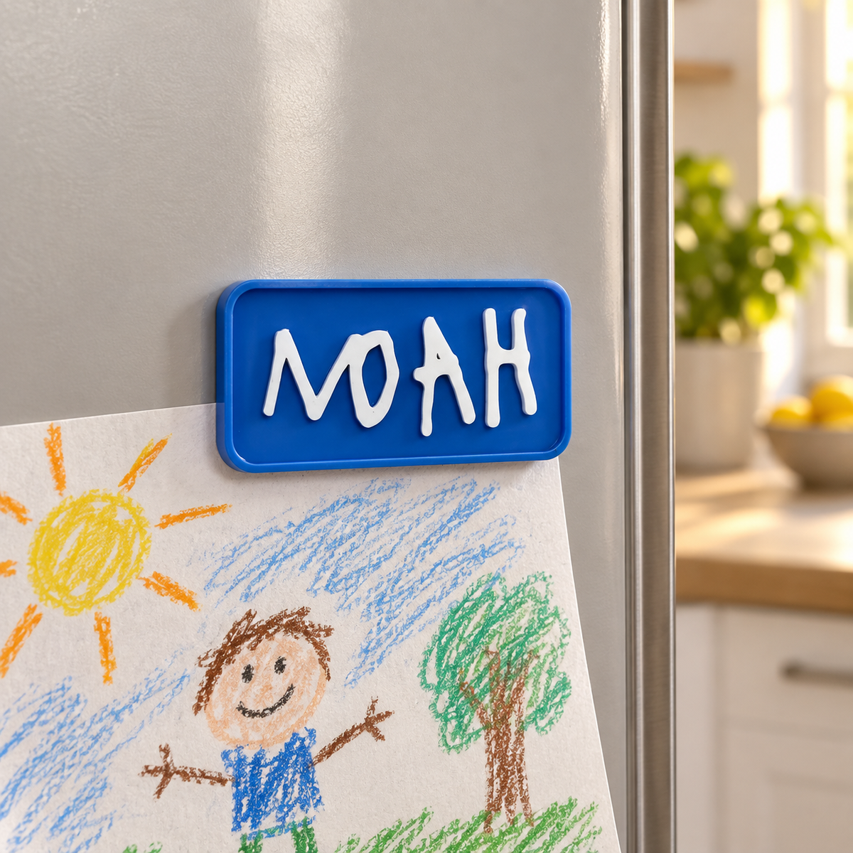 Blue custom handwriting magnet with raised white NOAH lettering holding a child's drawing on a refrigerator