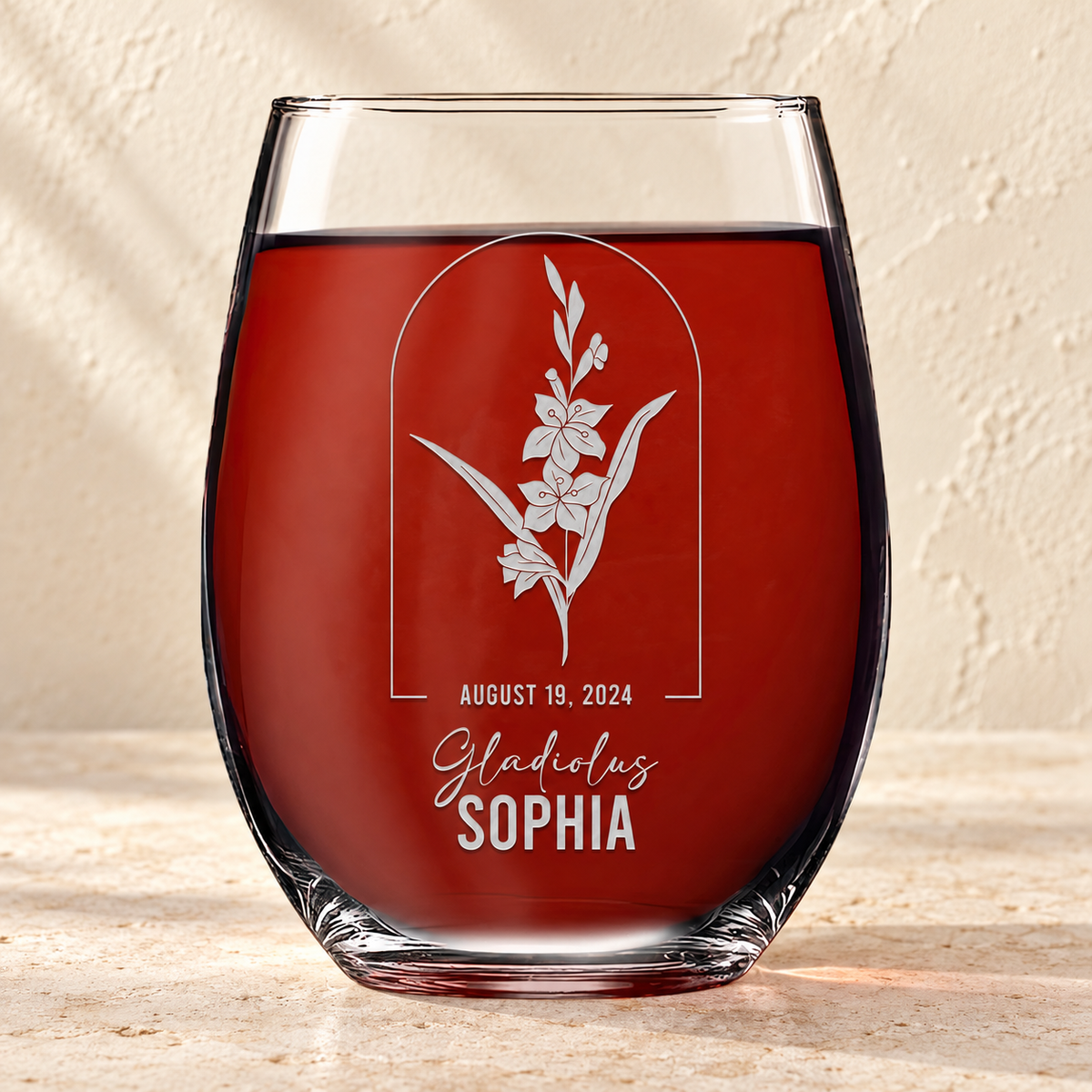 Personalized Stemless Wine Glass - Birth Flowers - "Gladiolus August"