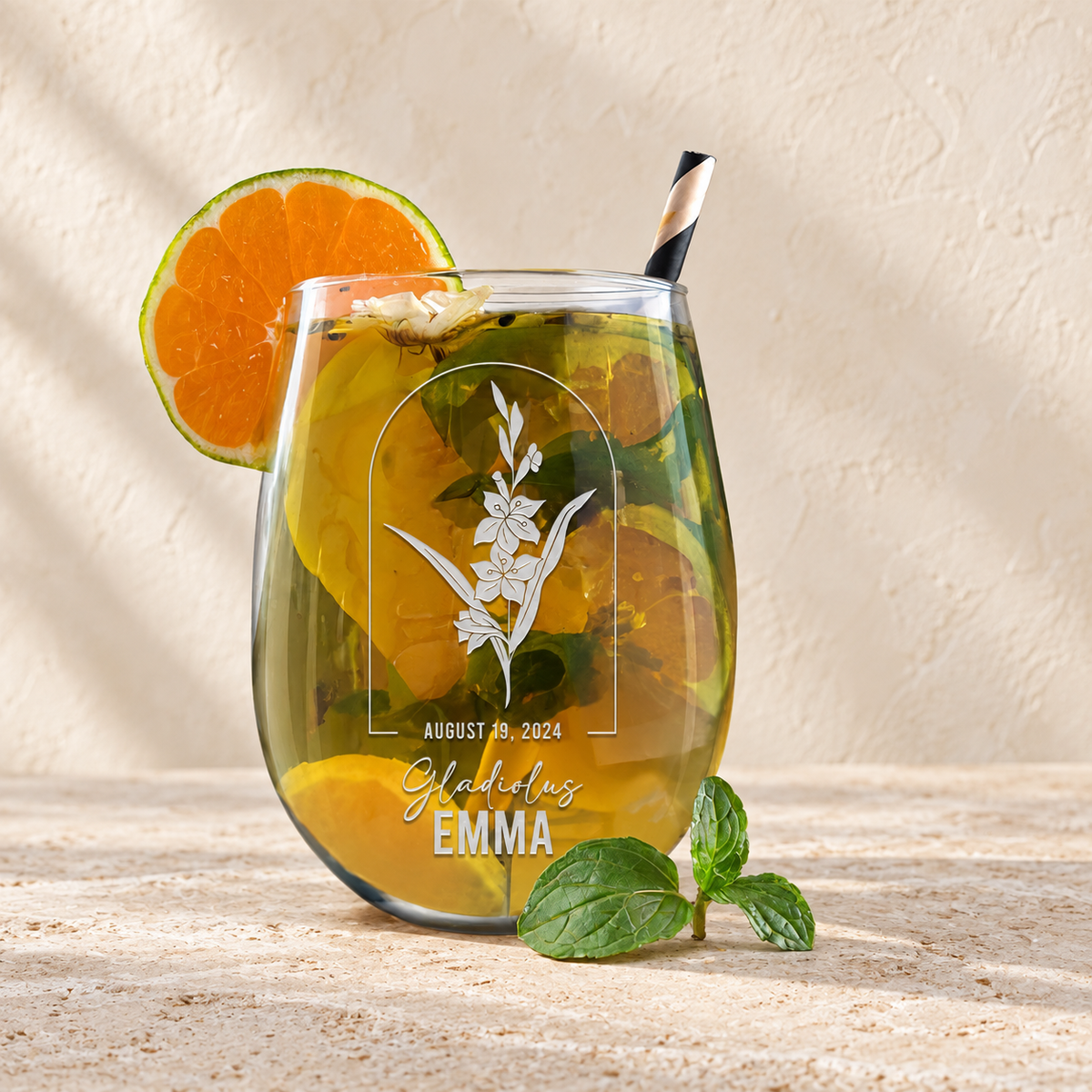 Personalized Stemless Wine Glass - Birth Flowers - "Gladiolus August"