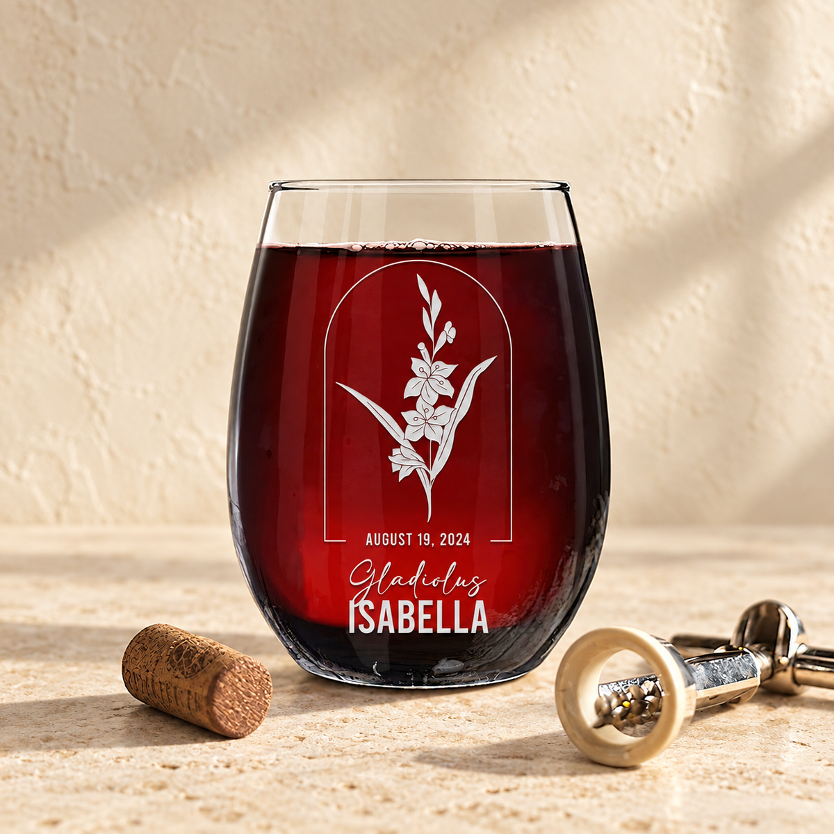 Personalized Stemless Wine Glass - Birth Flowers - "Gladiolus August"
