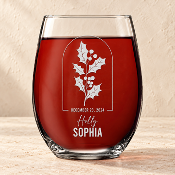 Personalized Stemless Wine Glass - Birth Flowers - "Holly December"
