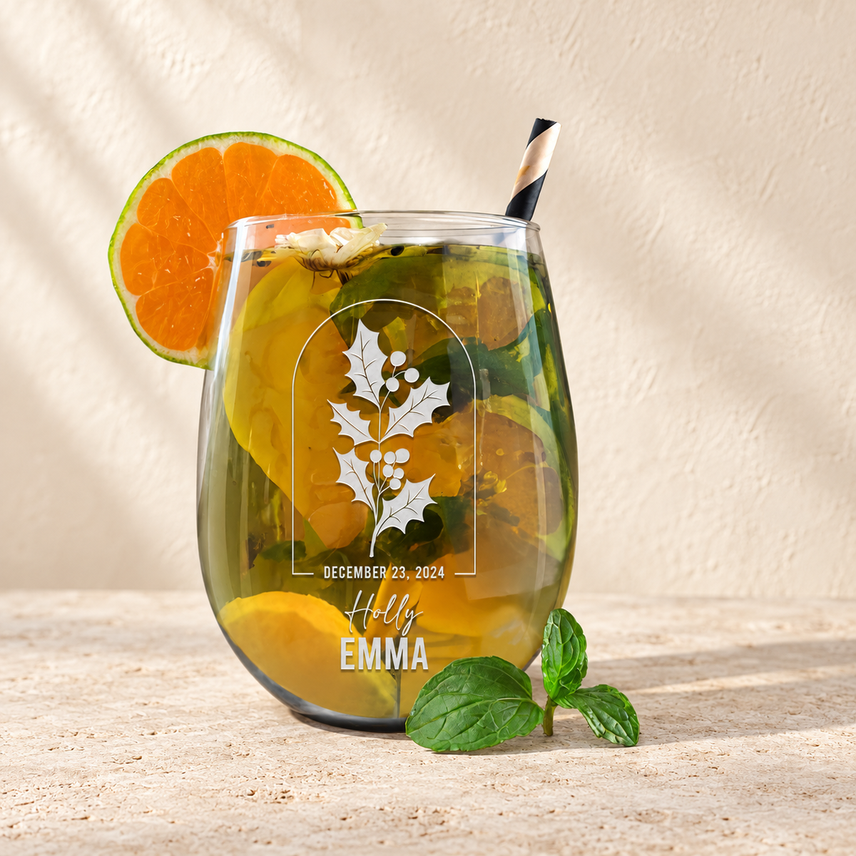 Personalized Stemless Wine Glass - Birth Flowers - "Holly December"