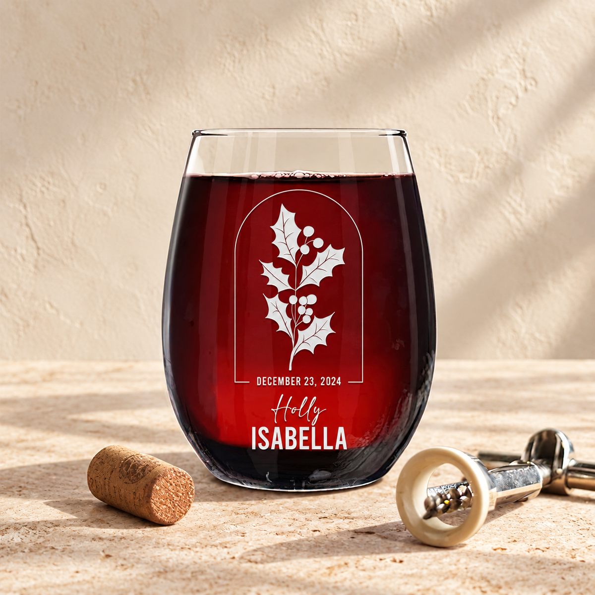 Personalized Stemless Wine Glass - Birth Flowers - "Holly December"
