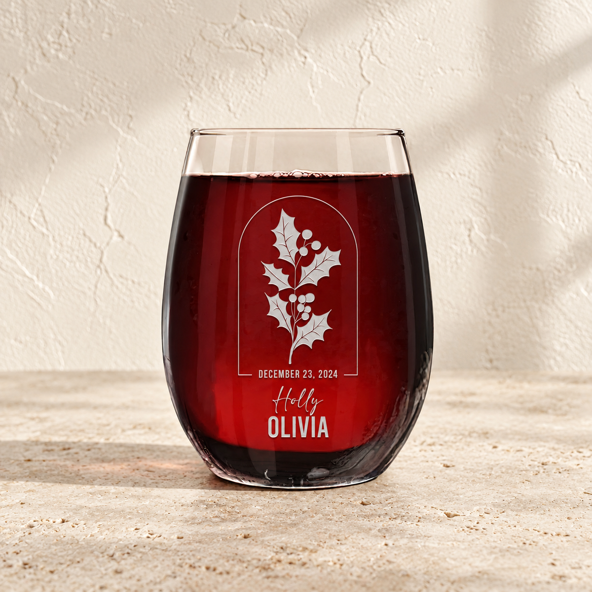 Personalized Stemless Wine Glass - Birth Flowers - "Holly December"