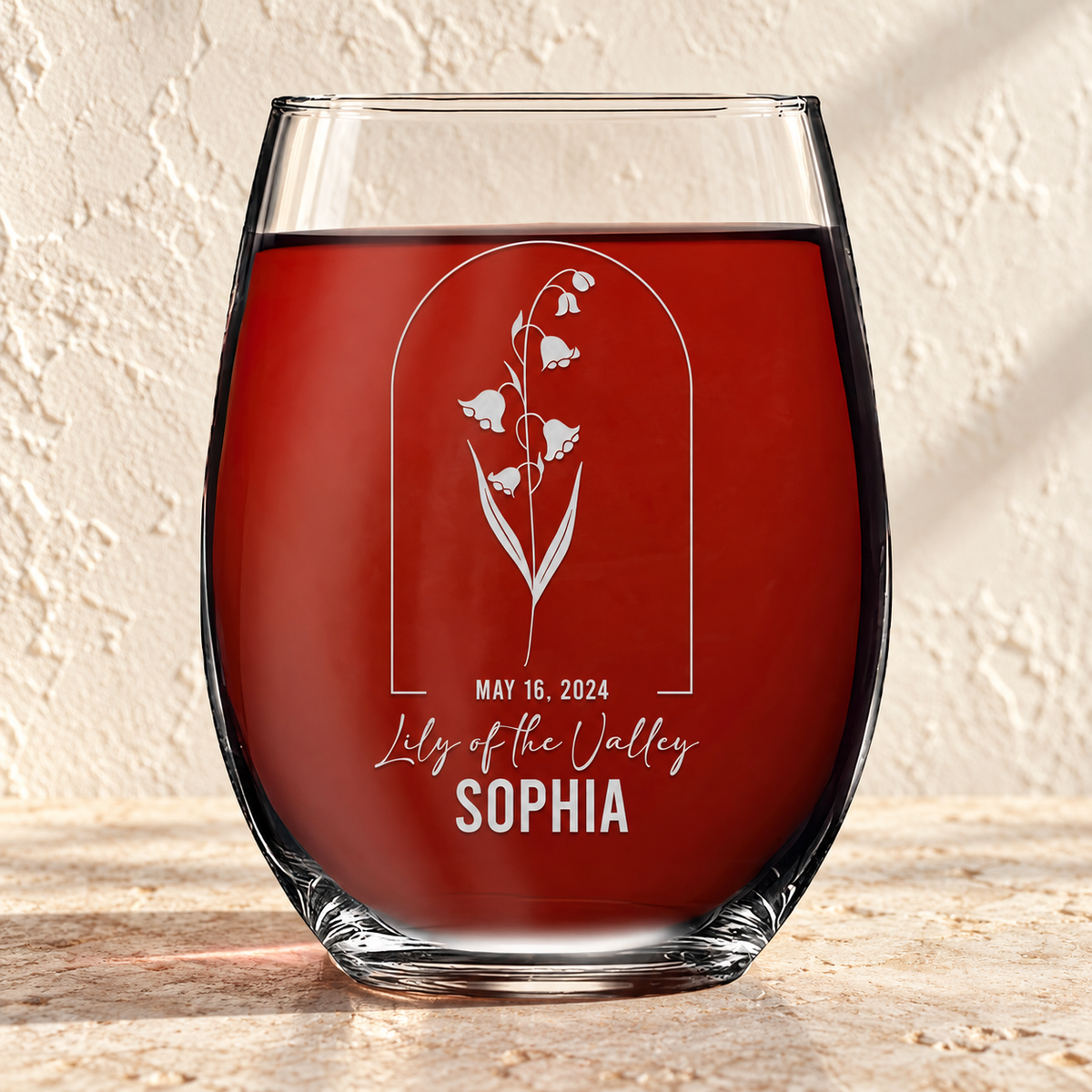 Personalized Stemless Wine Glass - Birth Flowers - "Lilly of the Valley May"