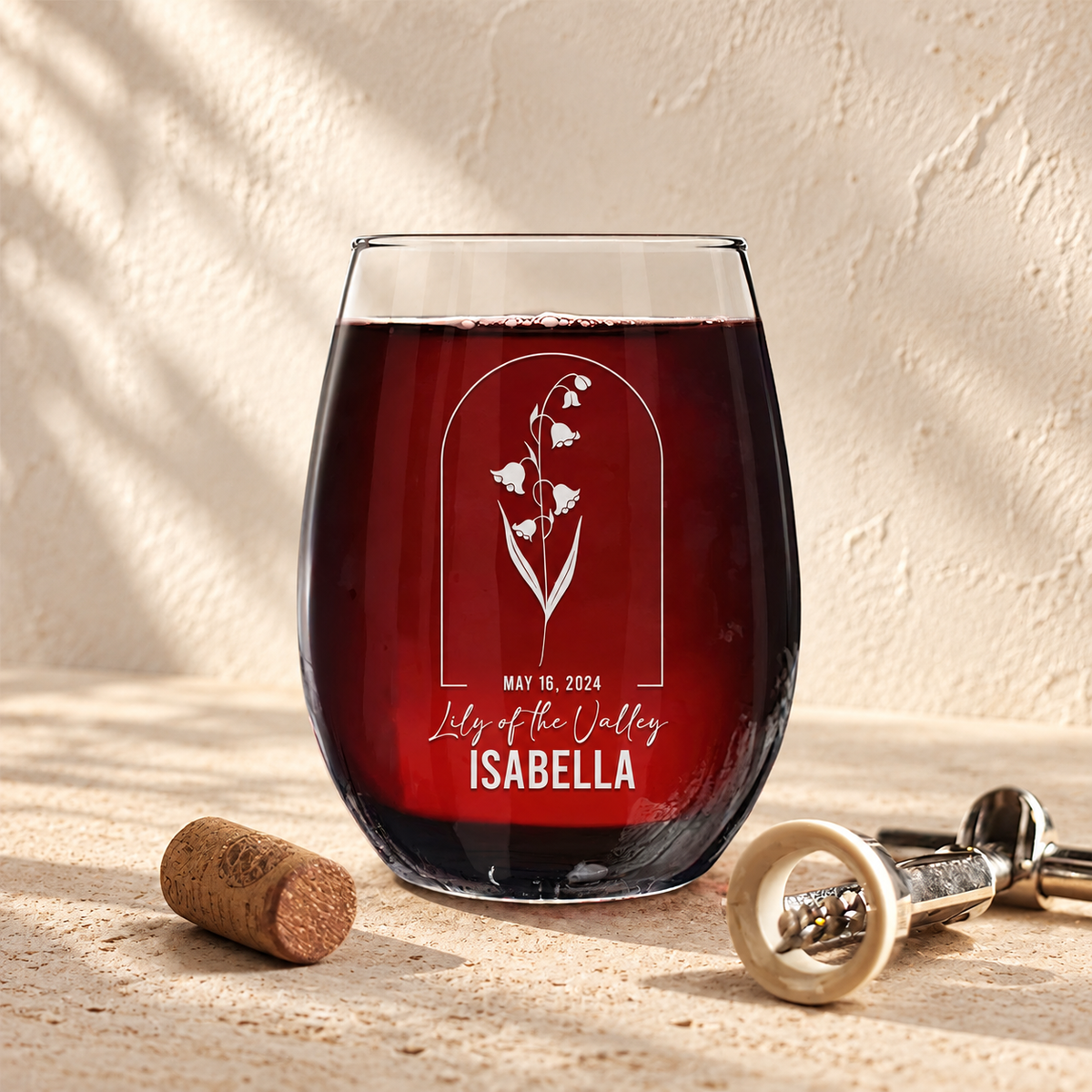 Personalized Stemless Wine Glass - Birth Flowers - "Lilly of the Valley May"