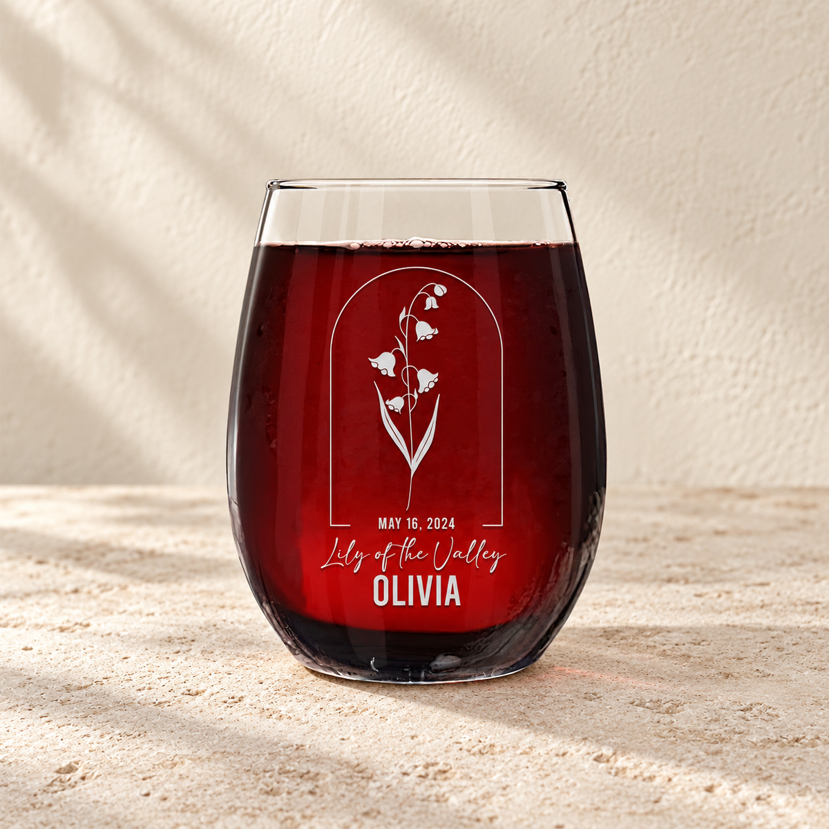 Personalized Stemless Wine Glass - Birth Flowers - "Lilly of the Valley May"