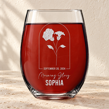 Personalized Stemless Wine Glass - Birth Flowers - "Morning Glory September"