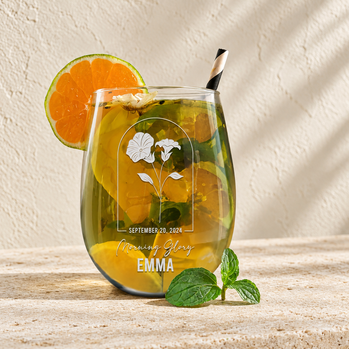 Personalized Stemless Wine Glass - Birth Flowers - "Morning Glory September"