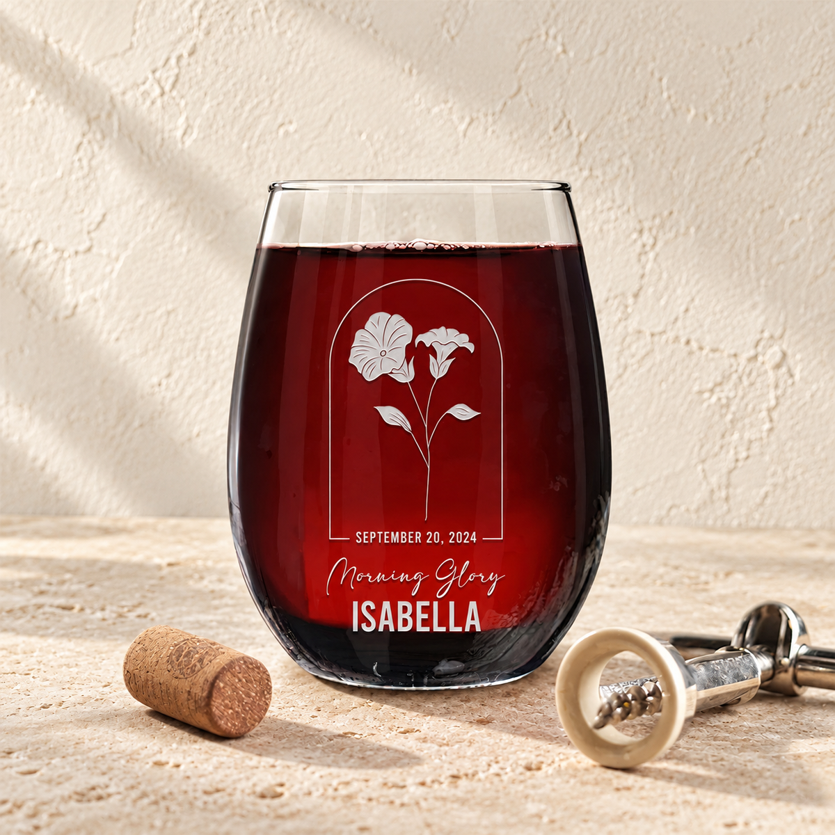 Personalized Stemless Wine Glass - Birth Flowers - "Morning Glory September"