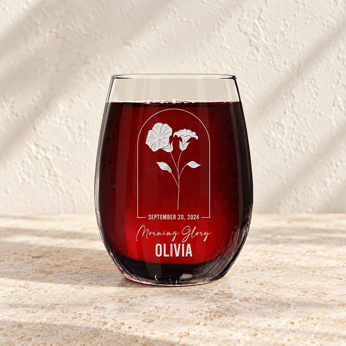 Personalized Stemless Wine Glass - Birth Flowers - "Morning Glory September"