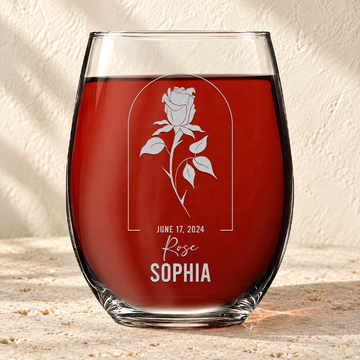 Personalized Stemless Wine Glass - Birth Flowers - "Rose June"