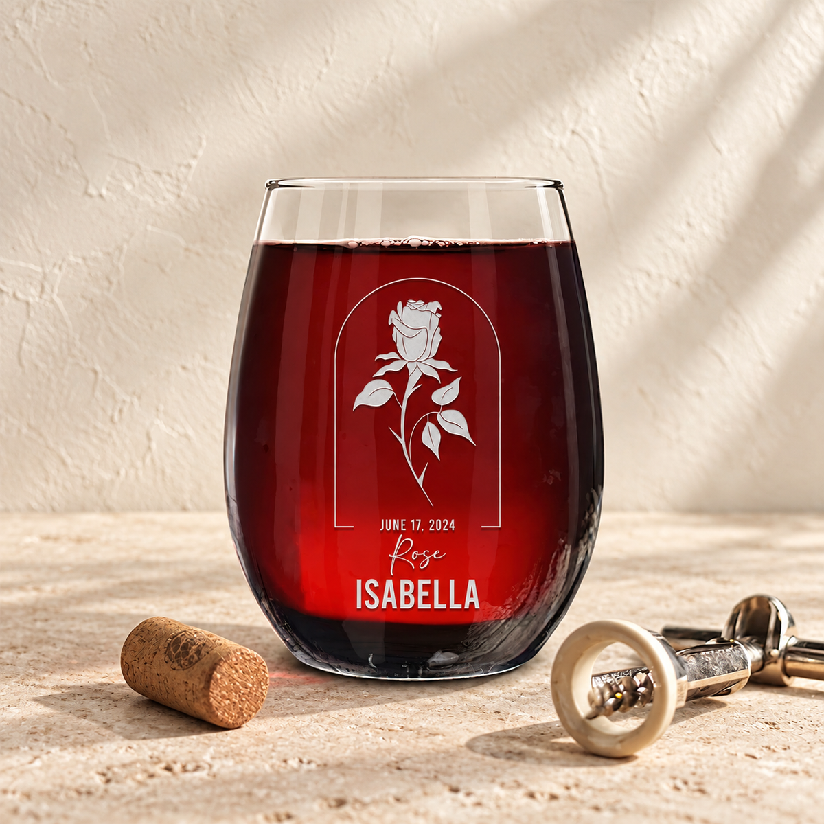 Personalized Stemless Wine Glass - Birth Flowers - "Rose June"
